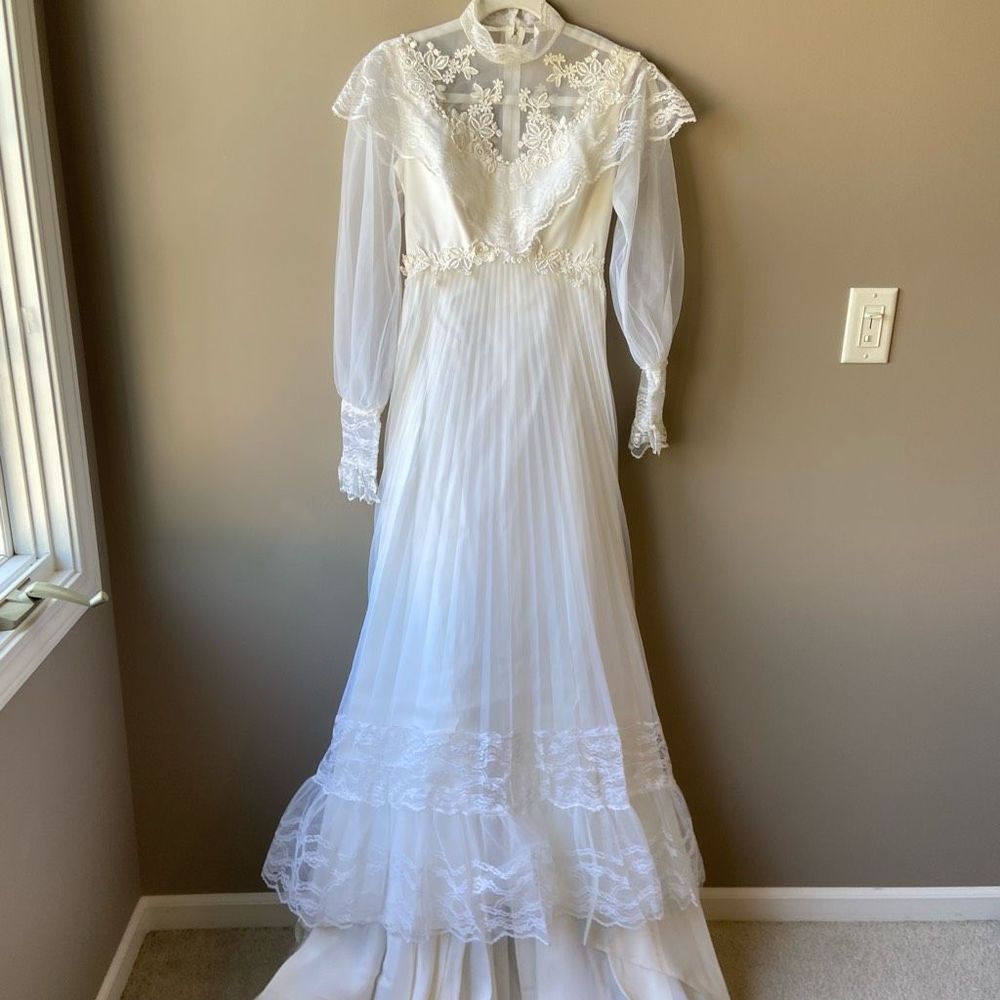 Vintage 60s 70s Gunne Sax esque Victorian Style Pleated Skirt Wedding Dress - SZ - Picture 8 of 9